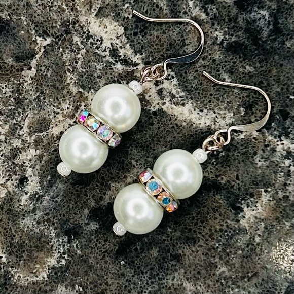 HAND CRAFTED Pearl EARRINGS White Silver Czech Crystal Rondelle Drop NWT - Picture 5 of 10